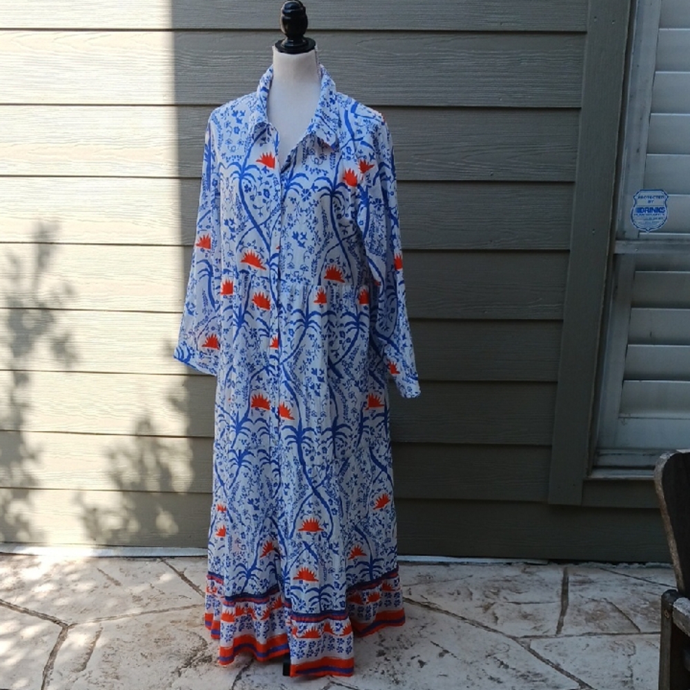Elegant Blue and Orange Patterned Dress